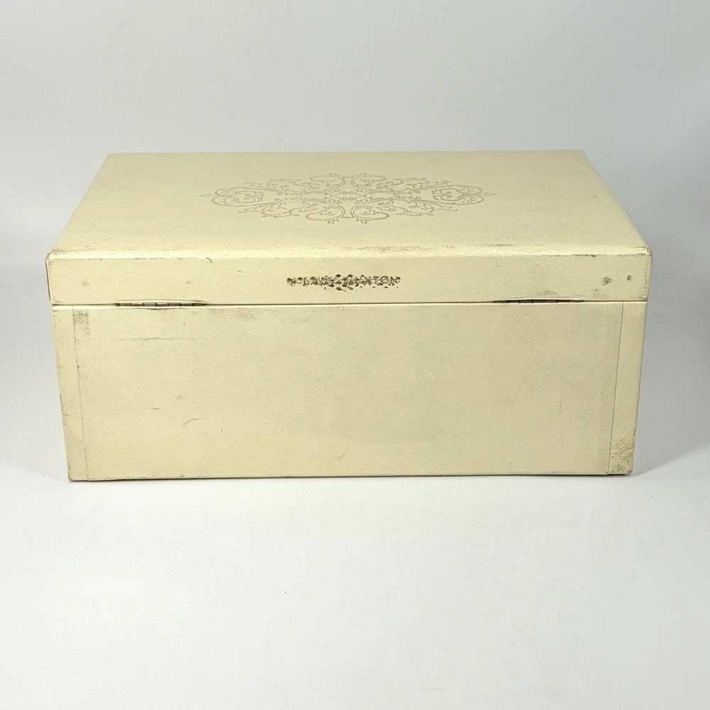 Vintage Jewelry Box Ivory Gold 3 Tier w/ Drawer Red Velvet Satin Lining 12x8